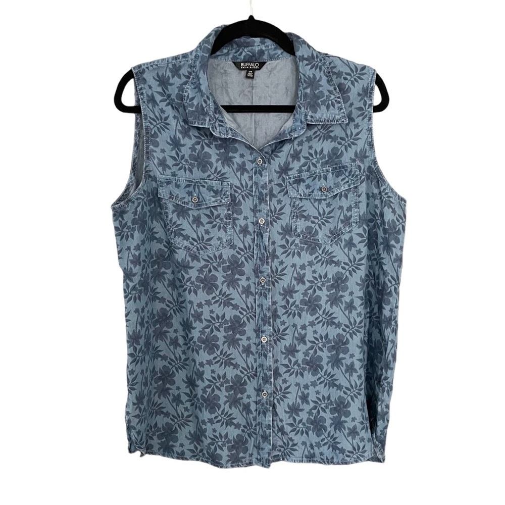 BUFFALO DAVID BITTON Sleeveless Button Front Blouse Floral Print Blue L